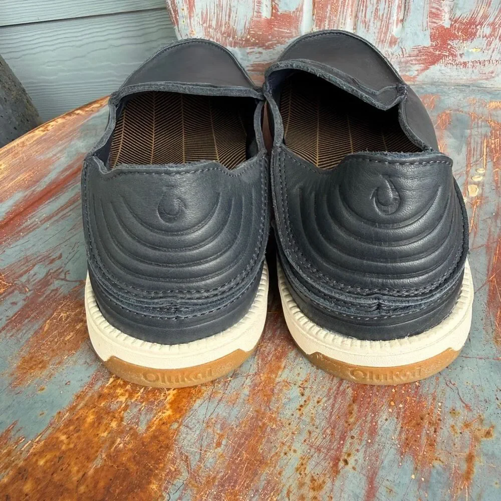 OluKai Kākaha Nia Men's Leather Slip On Loafers Mood Indigo Blue Size 13